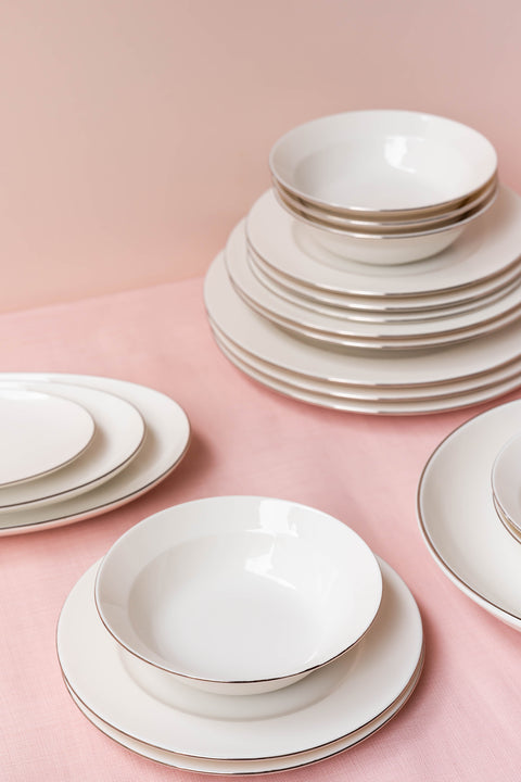 Soley | Ceyda | Gümüş Kenarlı 24 Parça 6 Kişilik Porselen Yemek Takımı