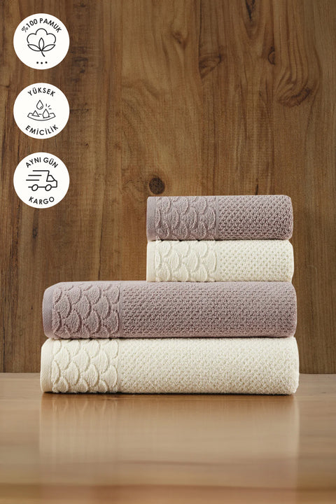 Alana | Ekstra Yumuşak Pamuklu Pirinç Örgü 4'lü Havlu Seti